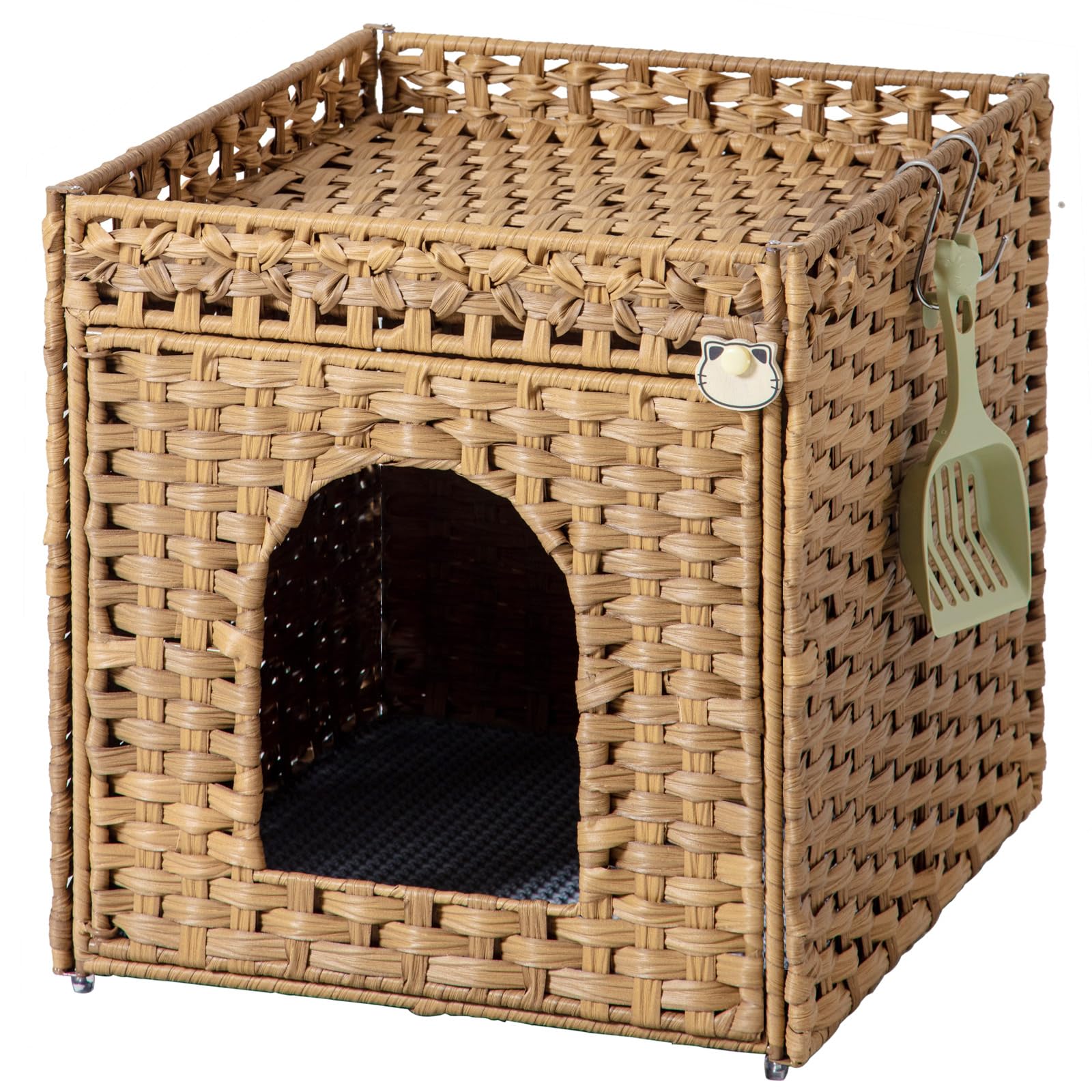 SETVSON handwoven rattan cat litter box enclosure shows natural texture and privacy.
