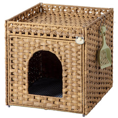 SETVSON handwoven rattan cat litter box enclosure shows natural texture and privacy.