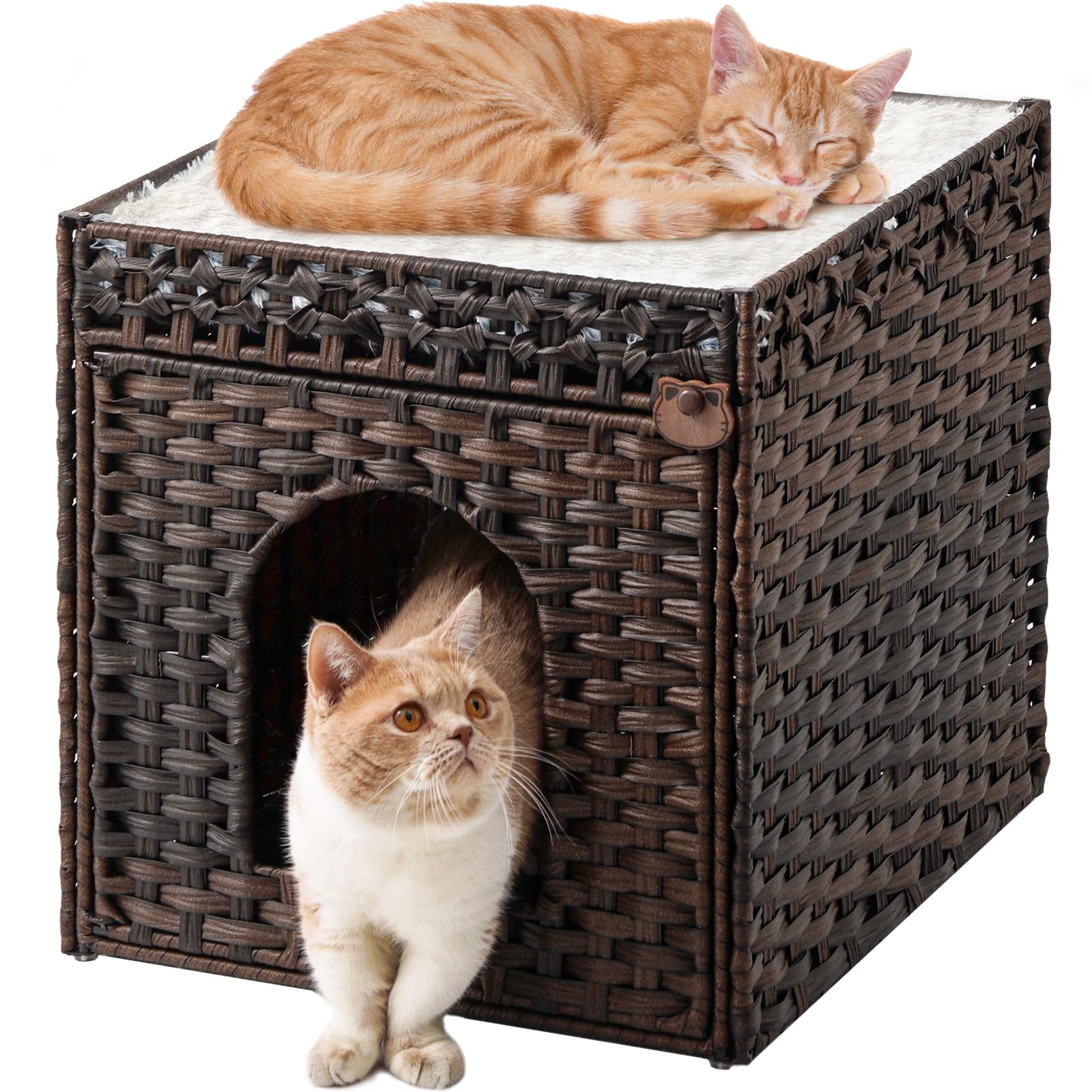 SETVSON double-cat cave in brown rattan provides cozy indoor lounging and shared naps