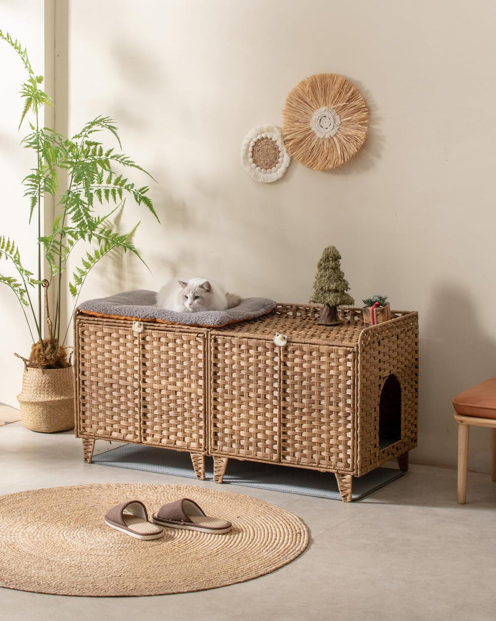 SETVSON double litter box furniture with doors provides private space for two cats.