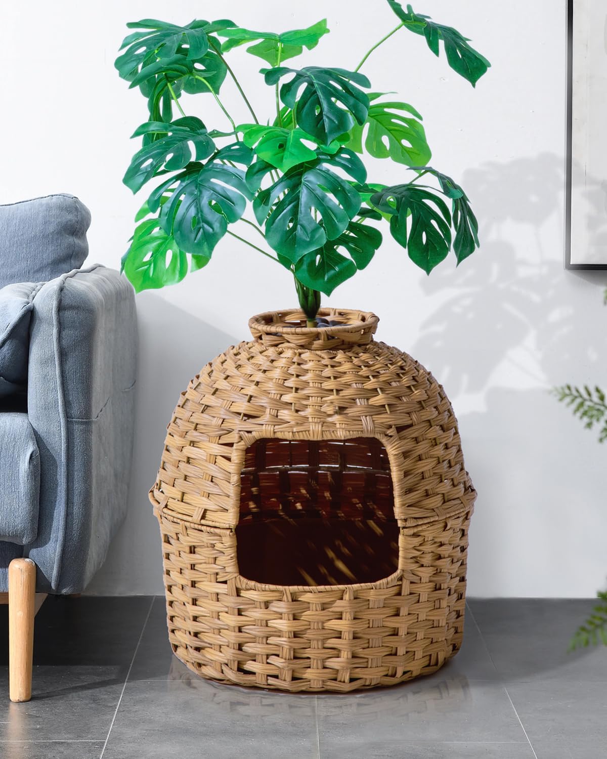 SETVSON handwoven rattan litter box top removable enables easy access for cleaning.