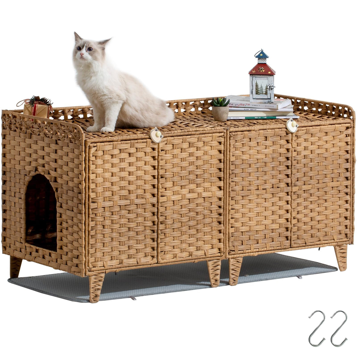SETVSON litter box enclosure for two cats in natural rattan hides clutter and adds style.