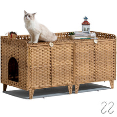 SETVSON litter box enclosure for two cats in natural rattan hides clutter and adds style.