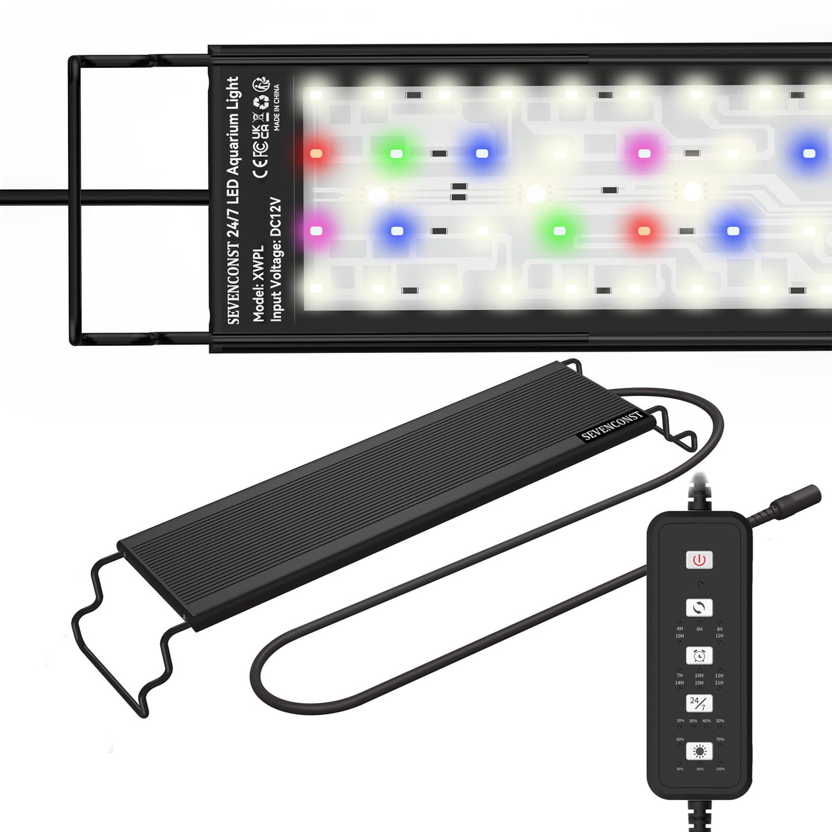 SEVENCONST 24/7 mode LED aquarium light on tank provides steady daily lighting control for plants and fish