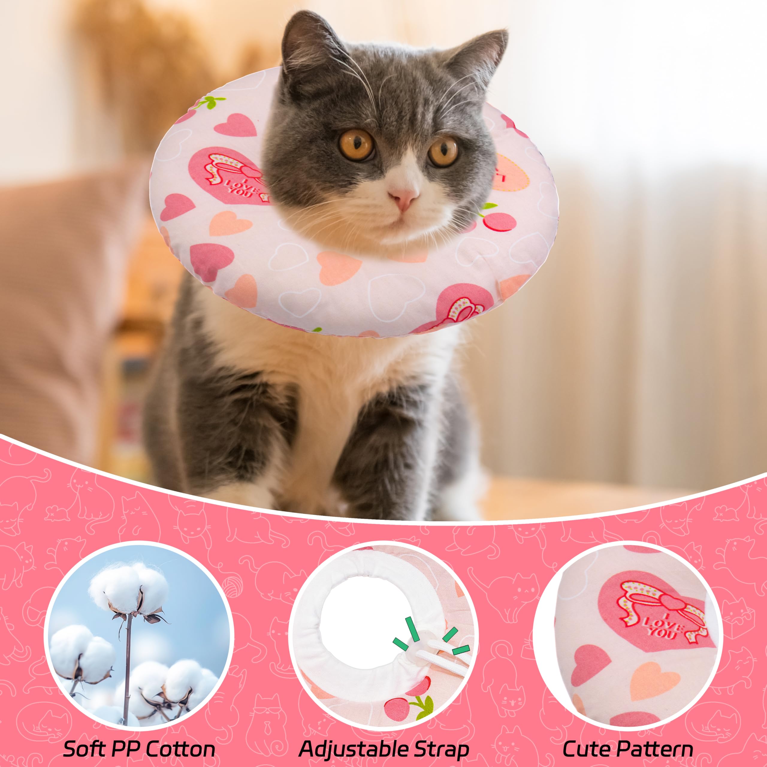 Seyezo cat cone pink heart worn on cat for comfortable range of motion