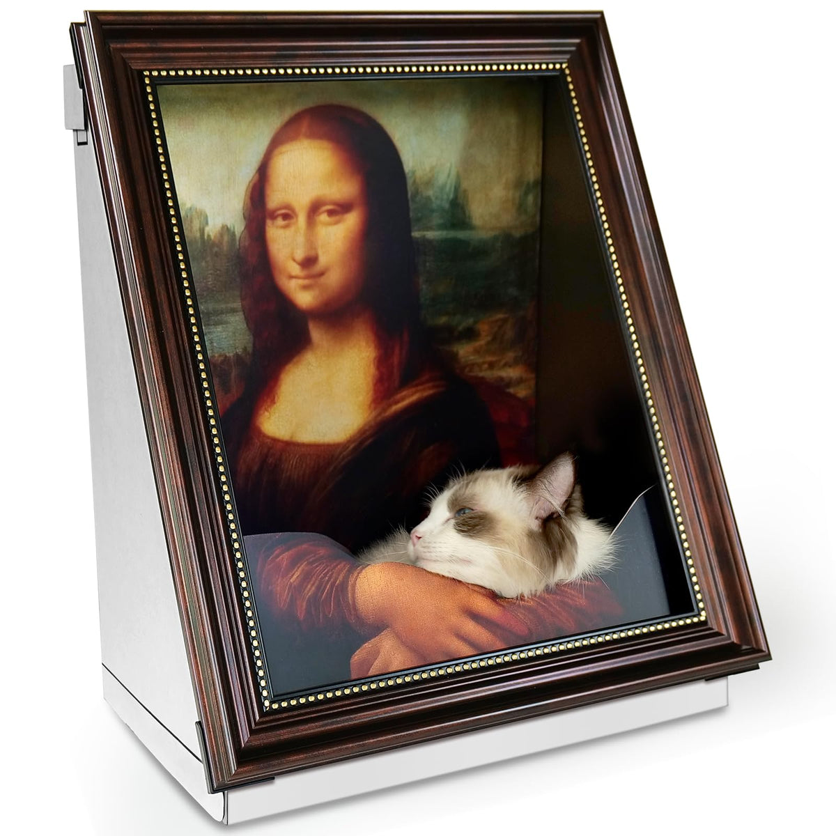 Seyõssbe Mona Lisa cat bed painting artwork backdrop provides a cozy lounge for cats.