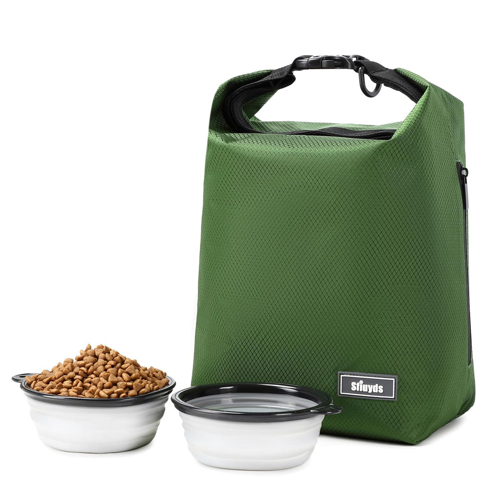 SFIUYDS dog food travel bag green exterior emphasizes rugged durability and on-the-go freshness.