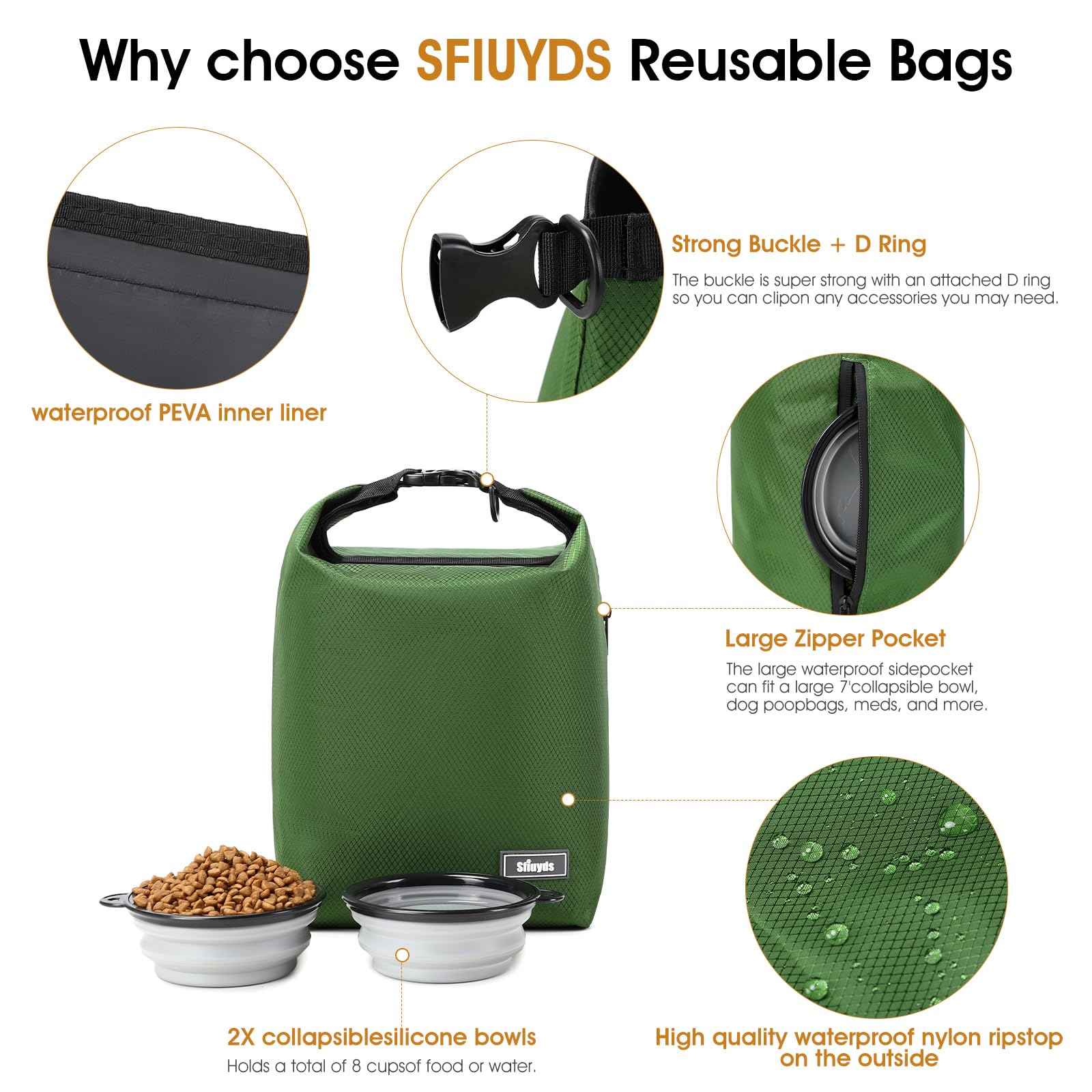 SFIUYDS roll-top closure keeps kibble sealed and fresh while traveling.