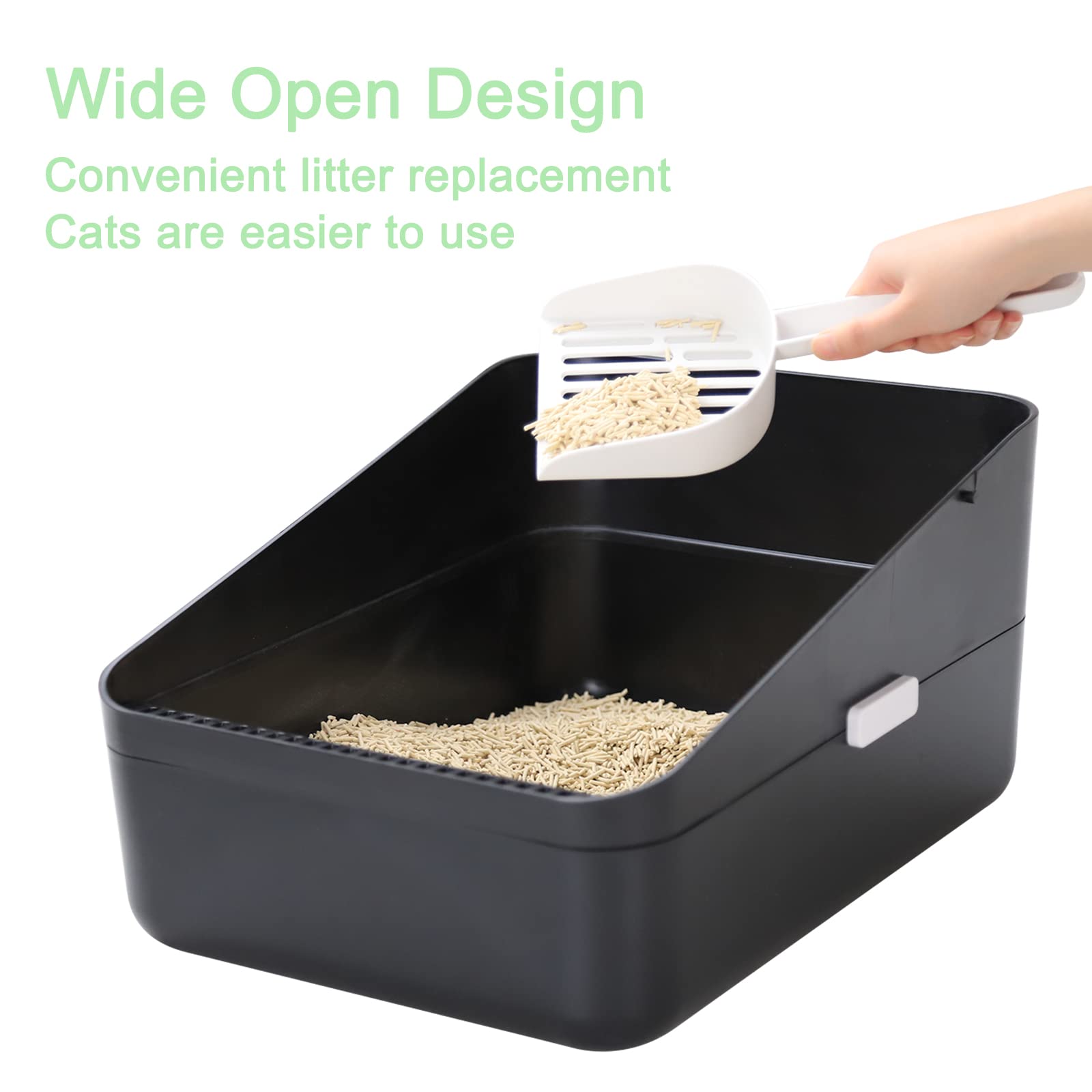 Sfozstra black litter pan in corner demonstrates space-friendly design.