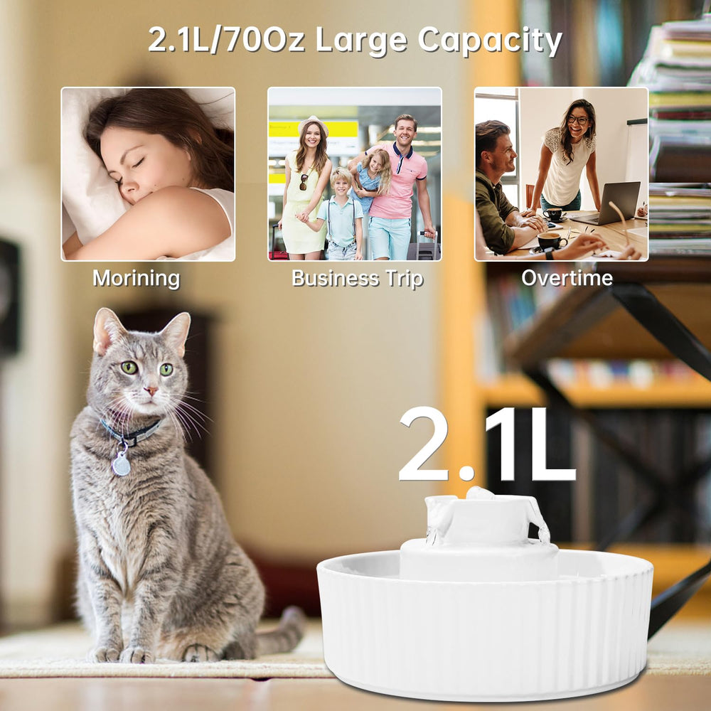 SgurFin ceramic cat fountain top drip showcases flowing water for thirst-quenching fun.