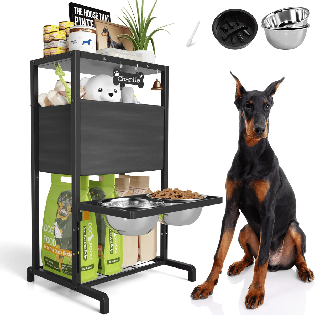 SHAINFUN elevated dog bowl setup with dual bowls and built-in storage for convenience