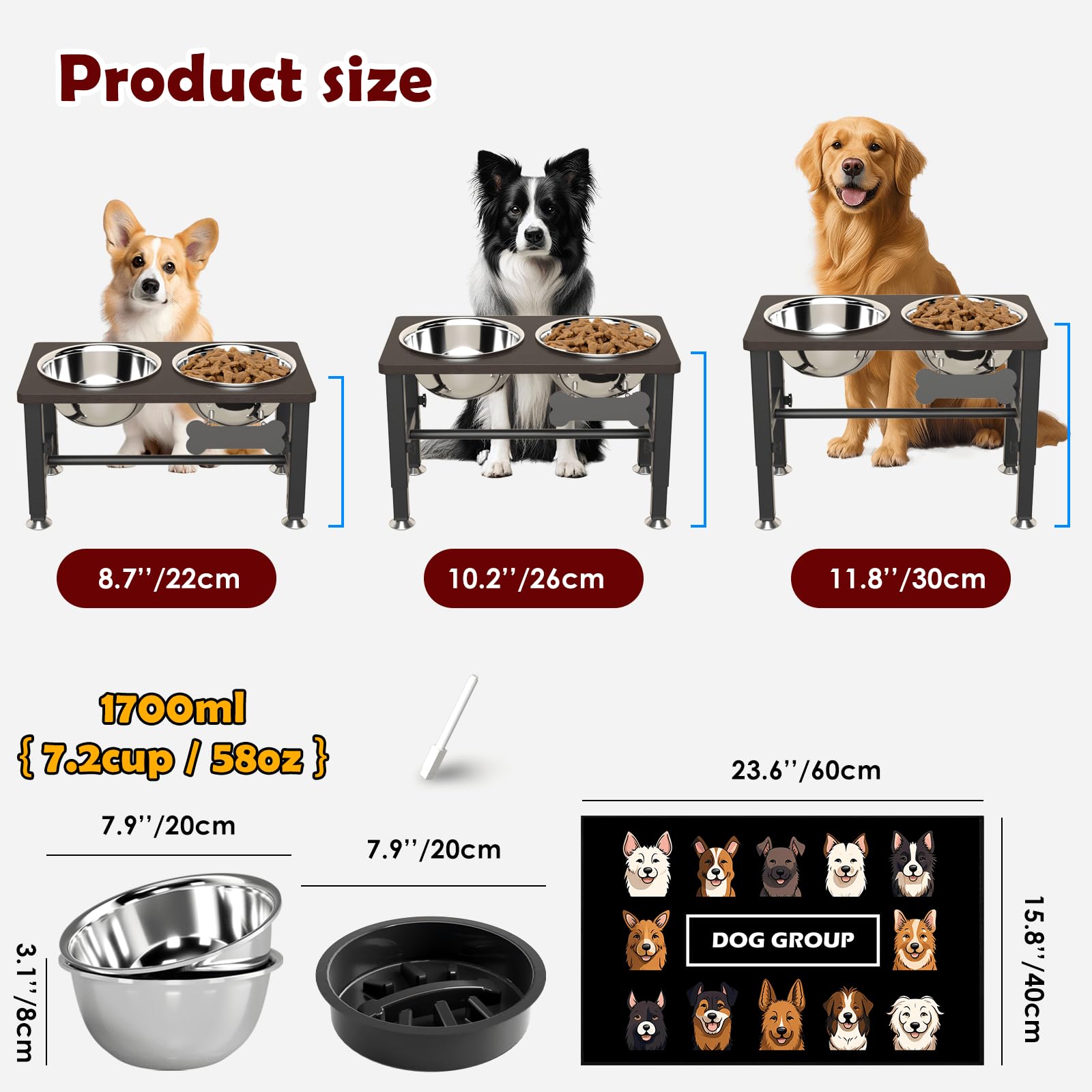 SHAINFUN adjustable heights enable proper dining posture for medium and large dogs.