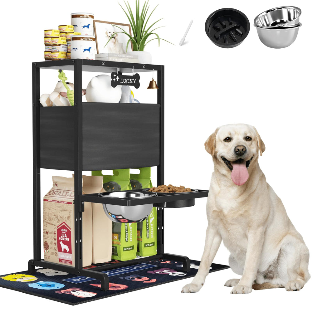 SHAINFUN elevated dog bowls stand full setup demonstrates organized feeding and storage.