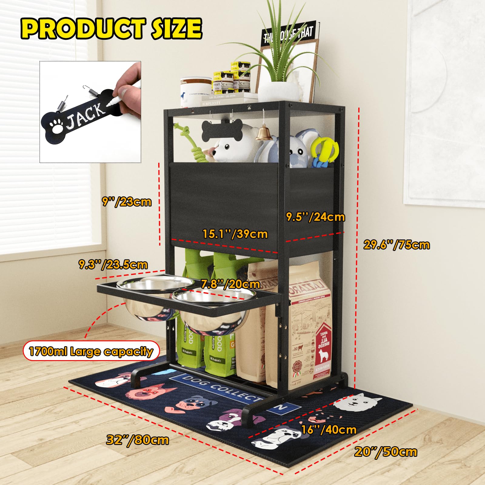 SHAINFUN elevated dog bowls toy box shows durable storage for toys and chews.