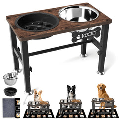 SHAINFUN elevated dog bowls with wooden-metal stand, easy assembly and sturdy construction.