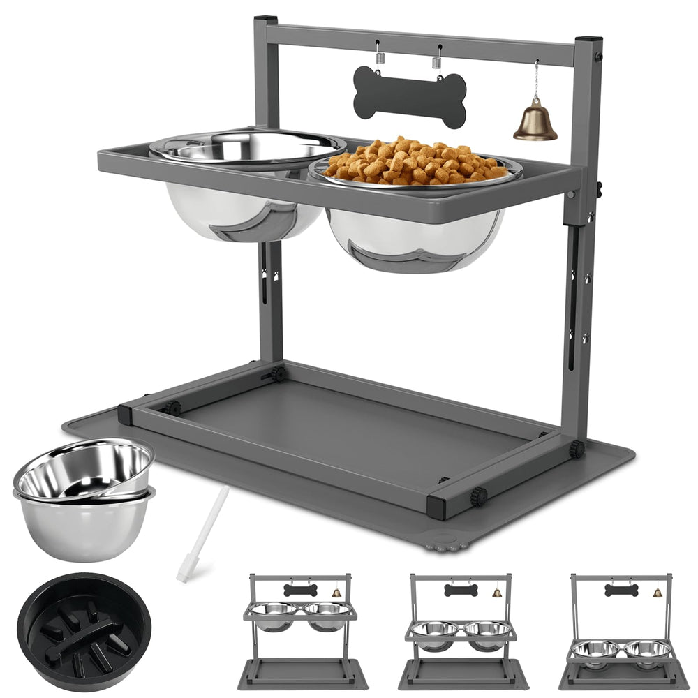 SHAINFUN grey raised dog bowl stand with adjustable height for comfortable feeding.