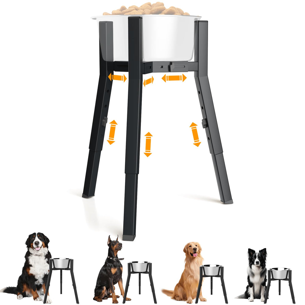 SHAINFUN Raised Dog Bowl Stand shows adjustable height and width for comfortable feeding.