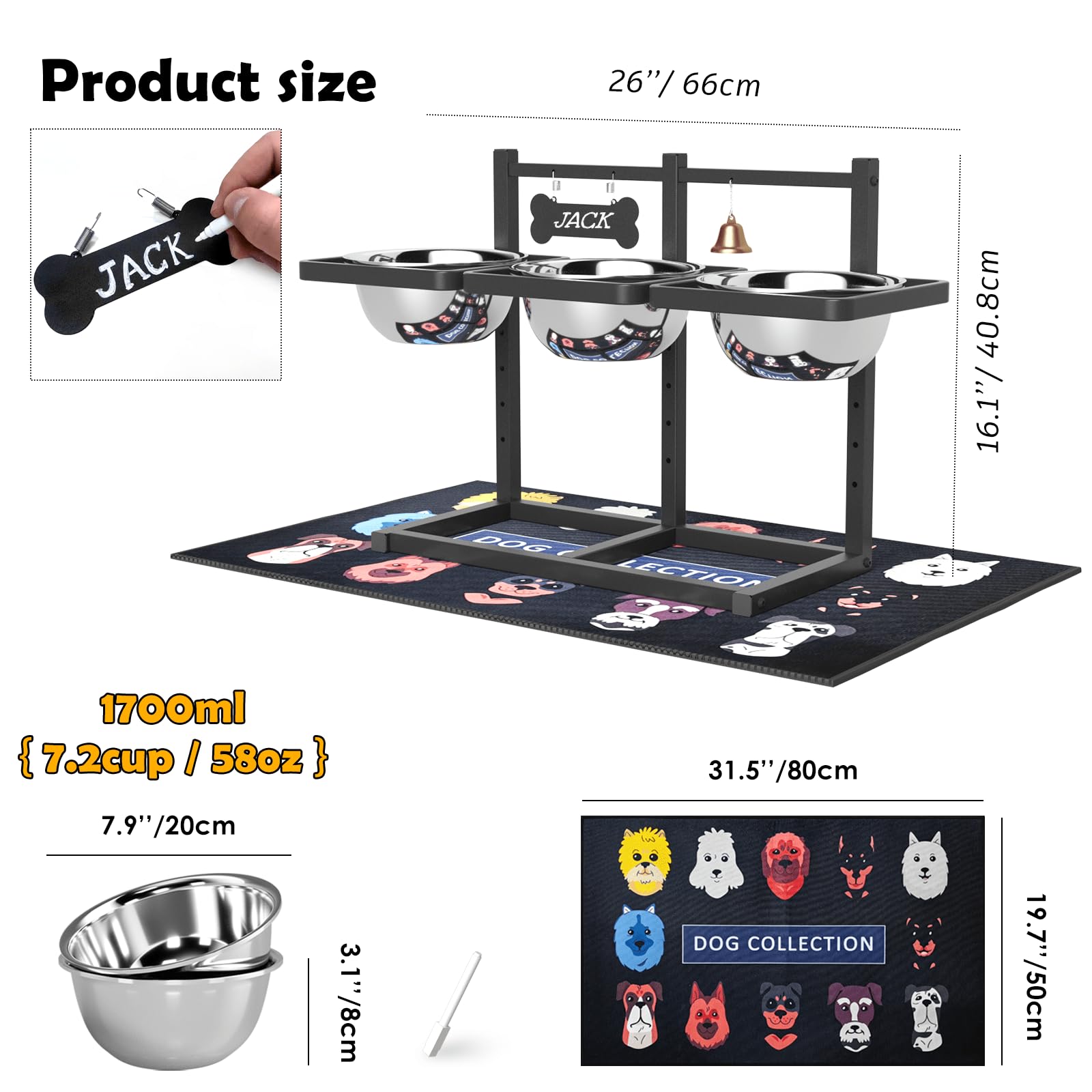 Three 58oz stainless bowls on SHAINFUN elevated stand