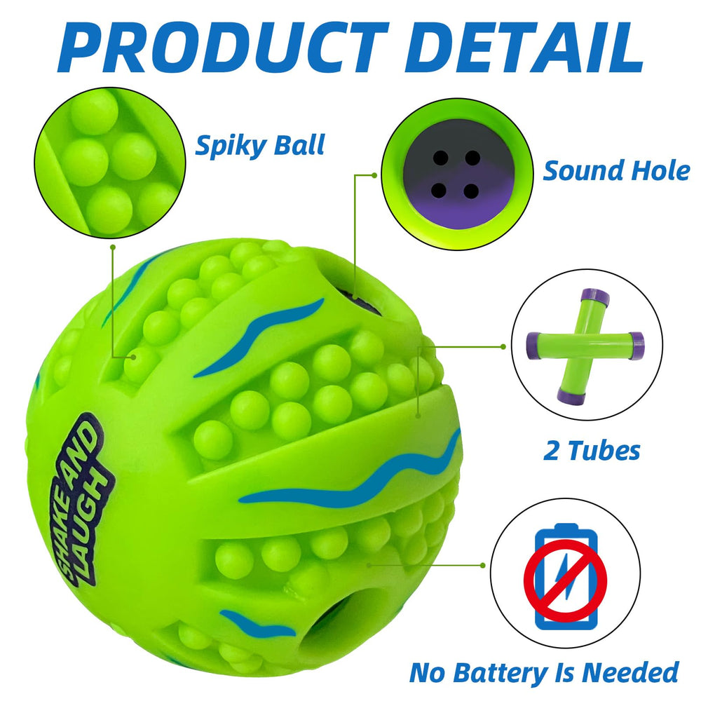 SHAKE AND LAUGH spiky-ball gibbering-sound captures attention during training sessions.