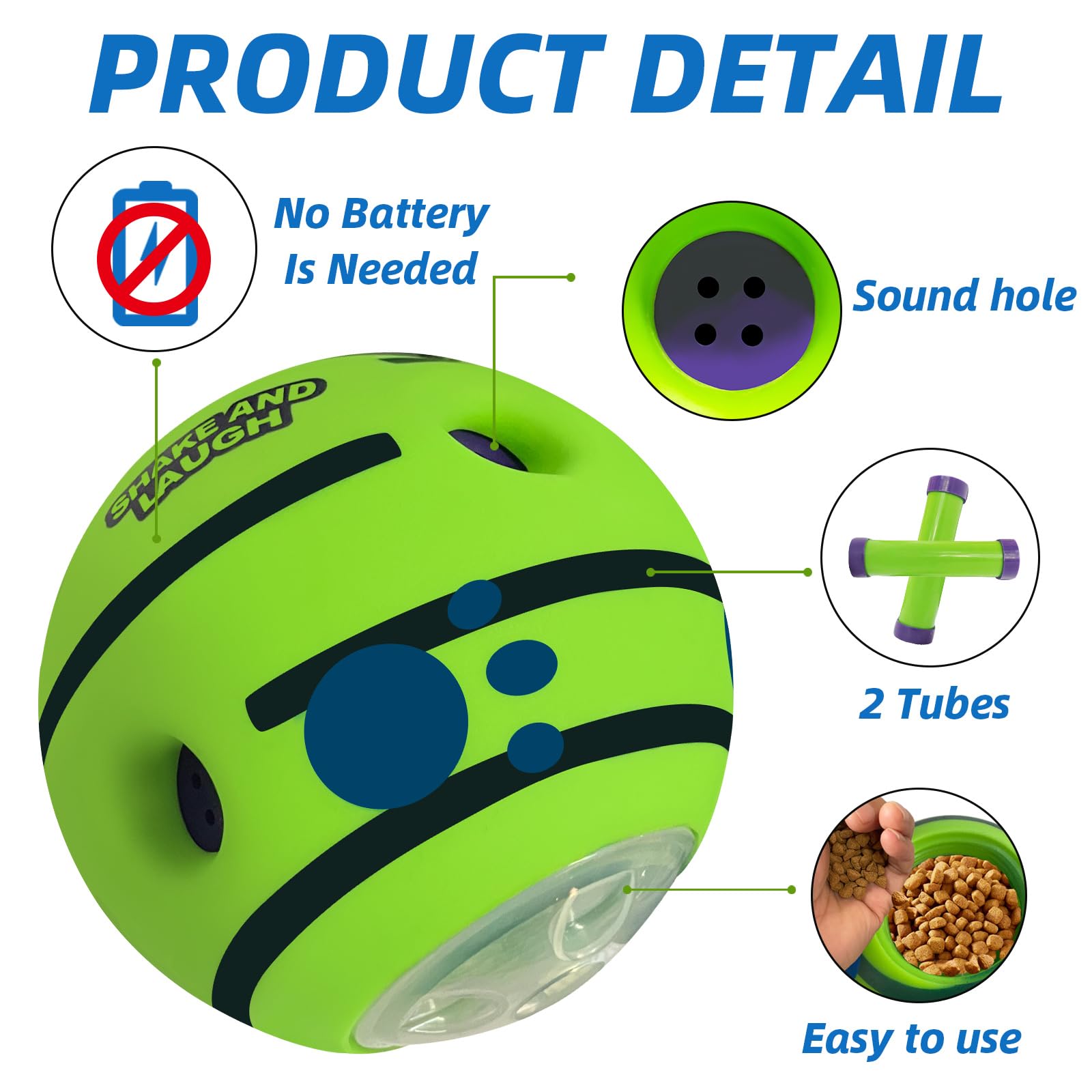 SHAKE AND LAUGH treat-dispensing ball sound-tube adds entertaining noises to play