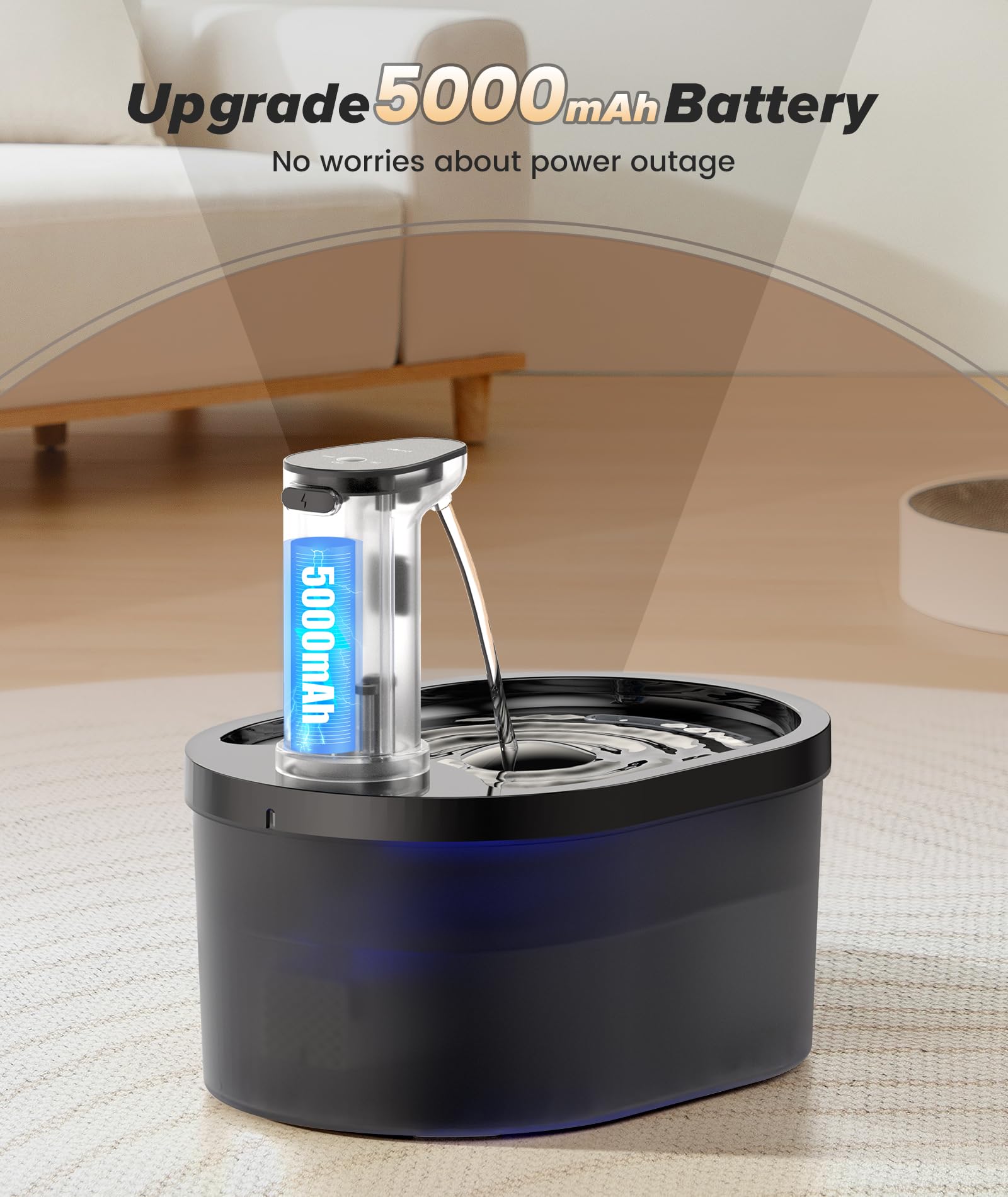 Shandus wireless cat water fountain battery life view highlighting 5000mAh capacity