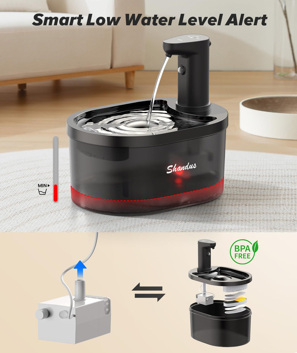 Shandus wireless cat water fountain shows quiet operation suitable for sleep