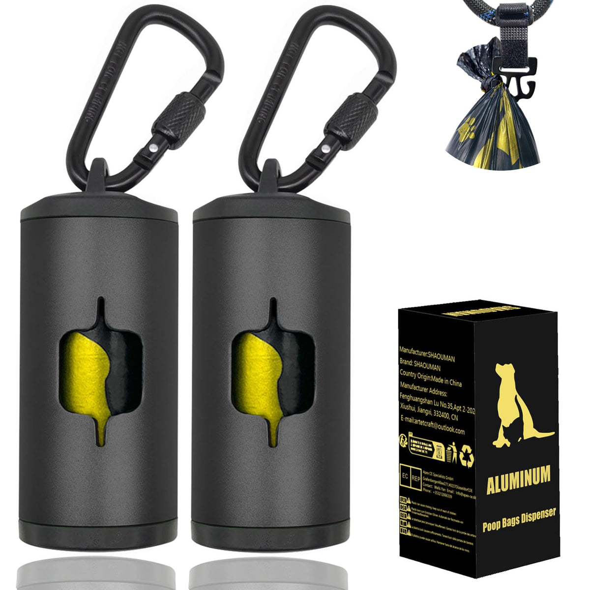 SHAOUMAN metal dog poop bag holder clip closeup highlights durable aluminum build for outdoor use.