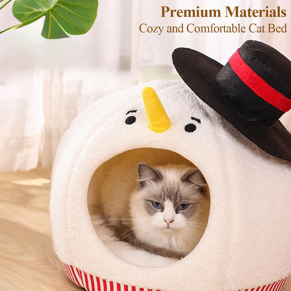 Shapeazy snowman cat bed side view showing secure enclosed hideaway.