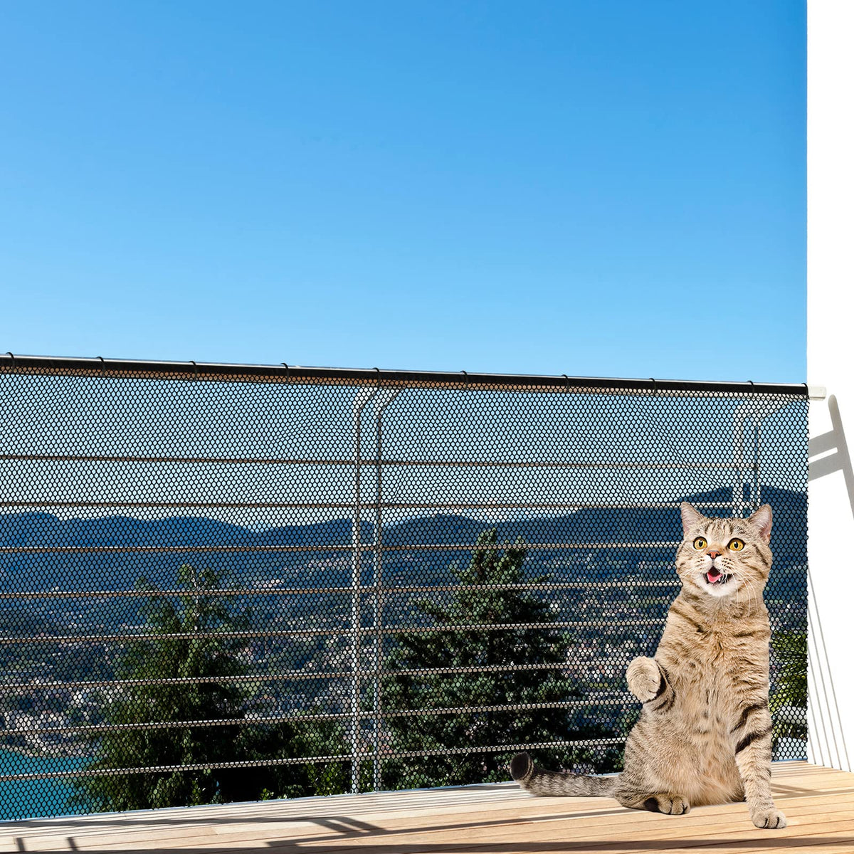 Shappy balcony net installation with buckles shows easy mounting for rails.