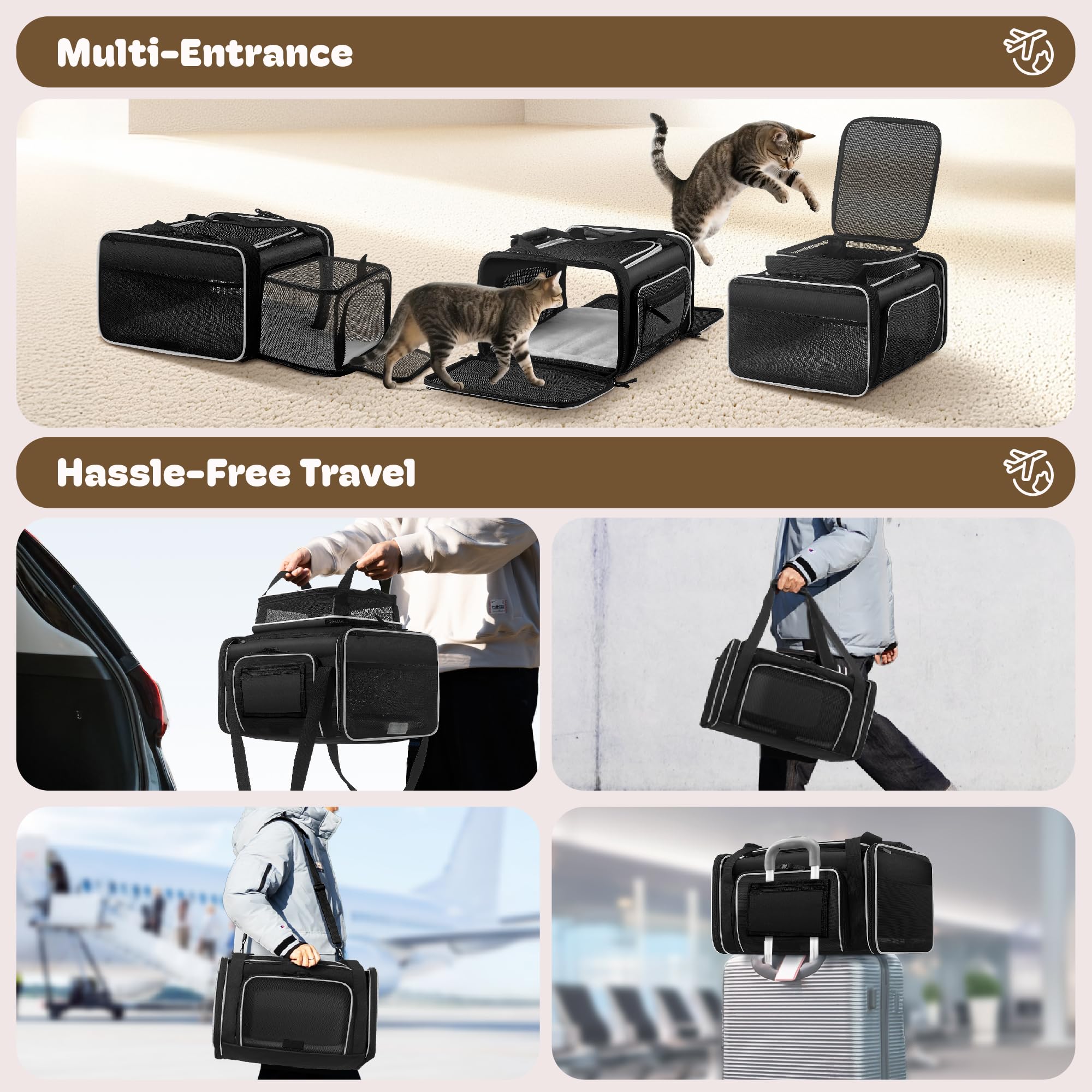 SHARLOVY cat carrier with waterproof bottom and plush pad for comfort.