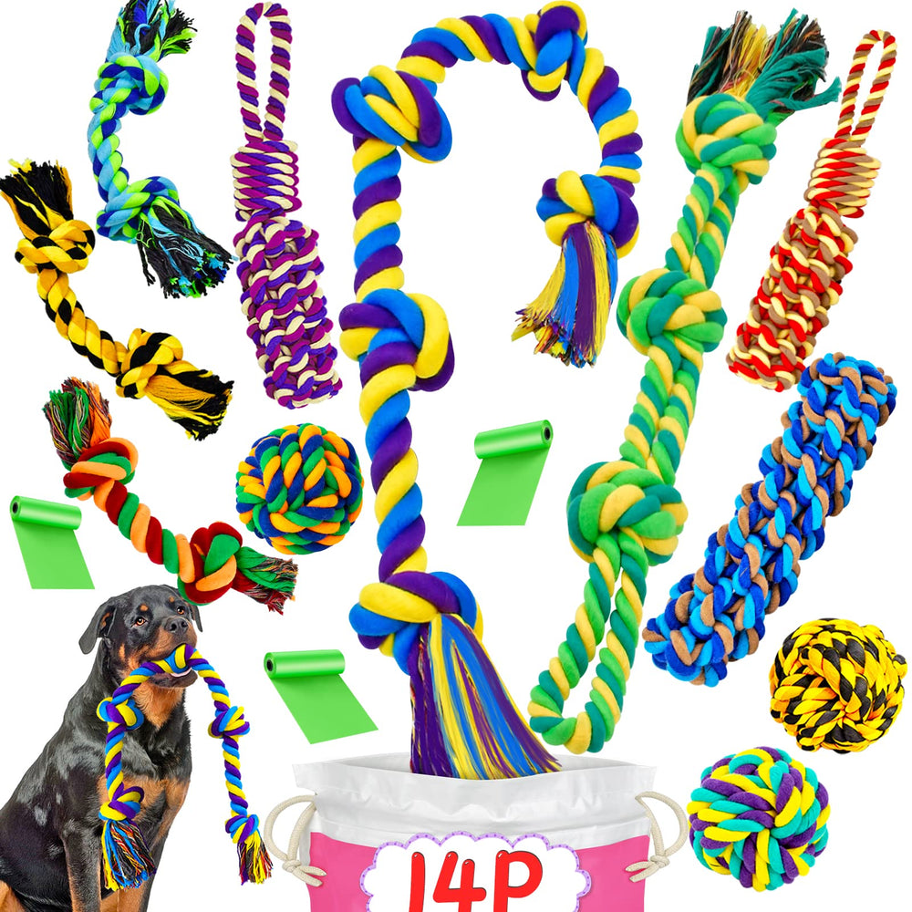 SHARLOVY XL 14-pack rope toys for aggressive chewers encouraging interactive play.