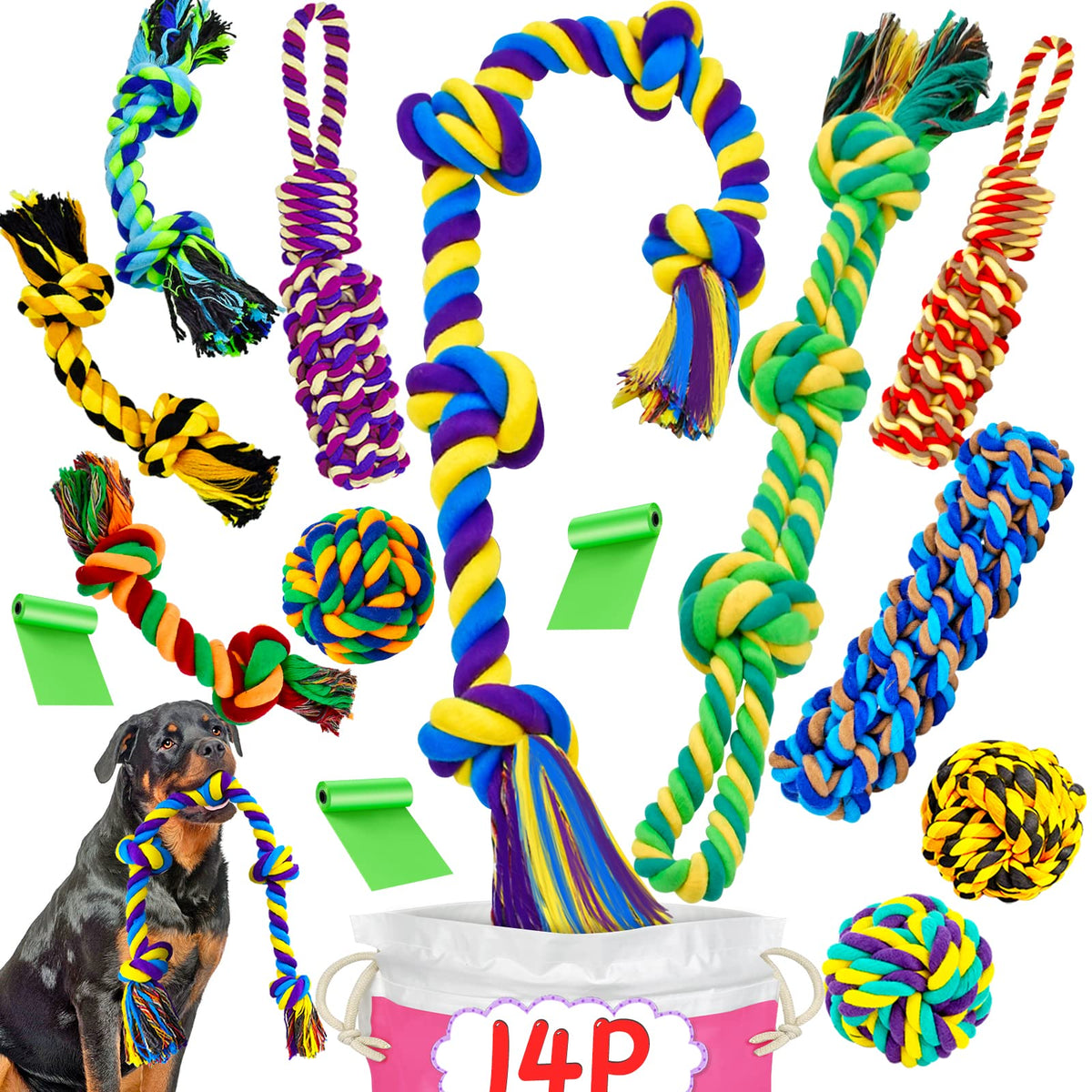 SHARLOVY XL 14-pack rope toys for aggressive chewers encouraging interactive play.