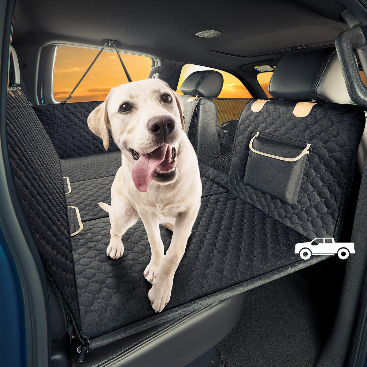 SHARLOVY XL truck back seat extender shows roomy space for large dogs.