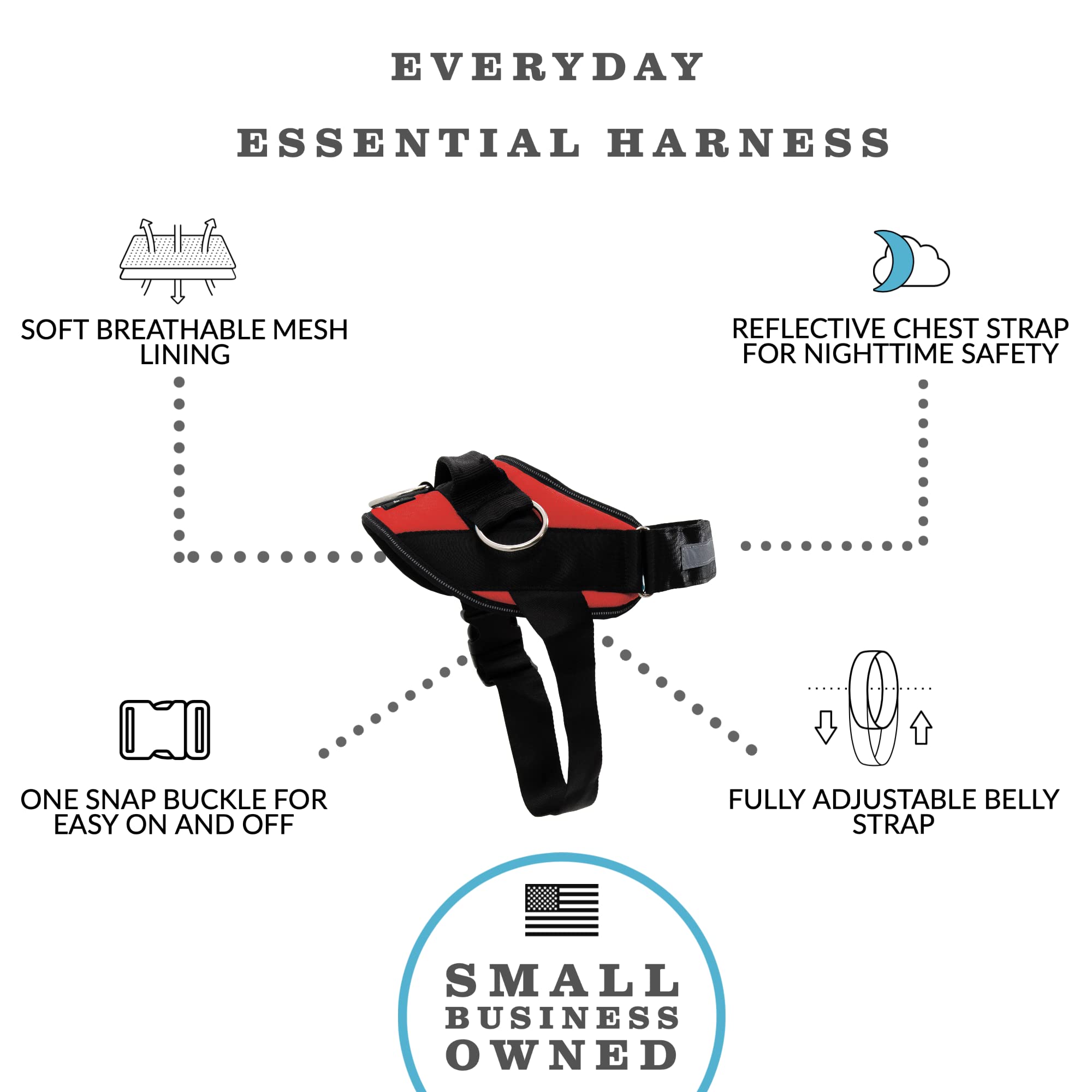 ShawnCo Essential Dog Harness shows three leash clip options for customizable training and control.