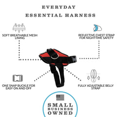 ShawnCo Essential Dog Harness shows three leash clip options for customizable training and control.