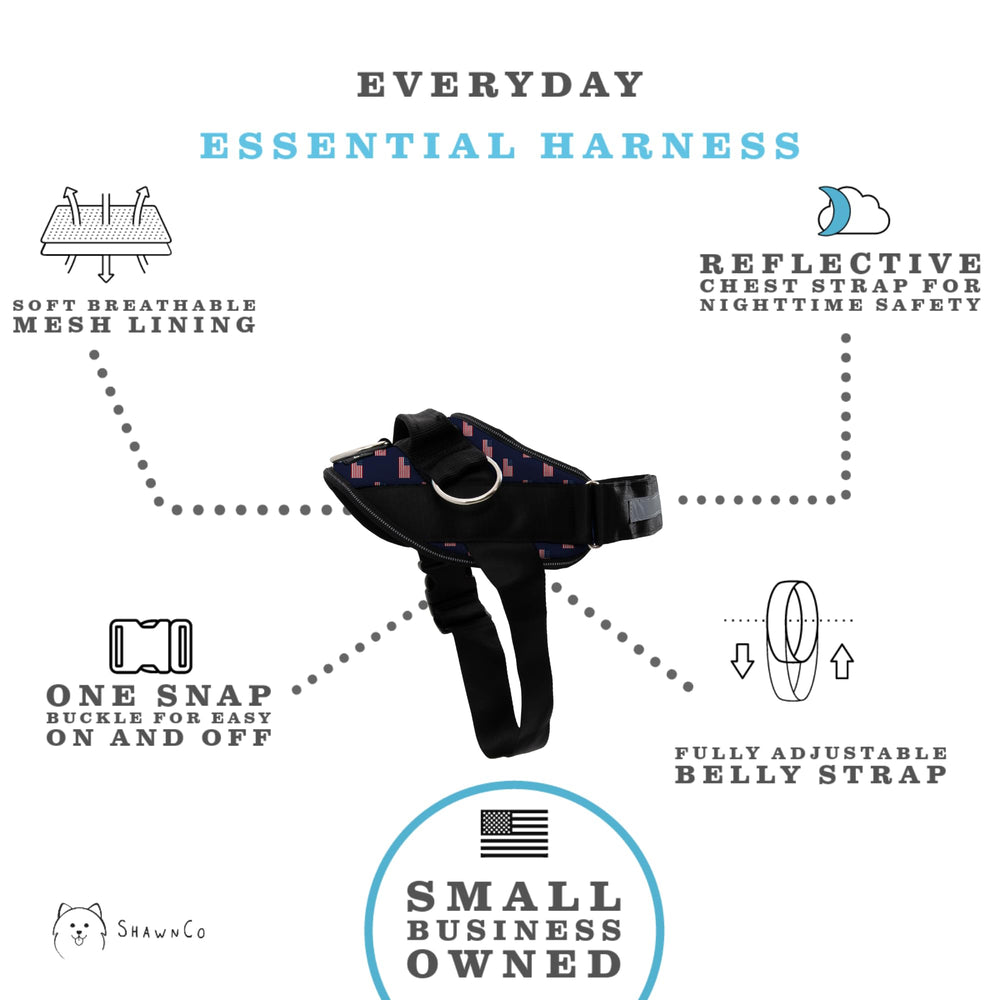ShawnCo Essential Dog Harness with reflective chest strap for safer nighttime visibility.