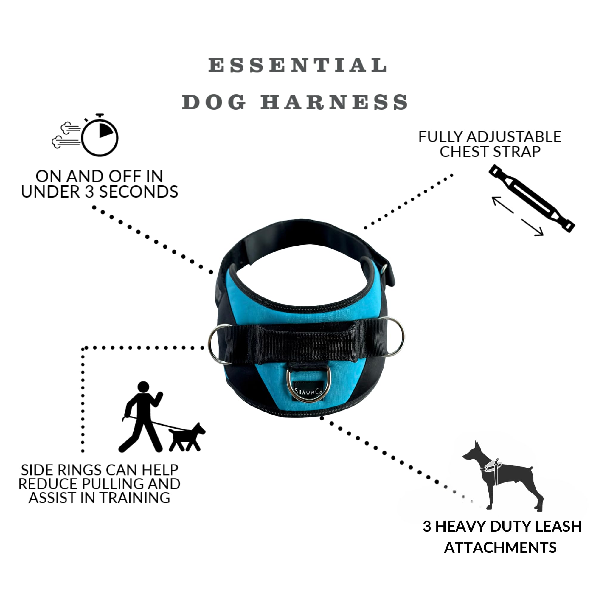 ShawnCo Essential Dog Harness Oceanic Blue shows reflective straps for safe nighttime walks.