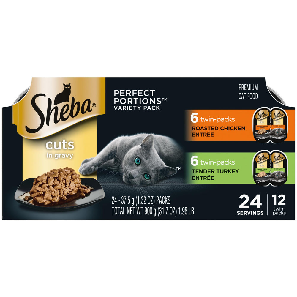 Sheba Perfect Portions chicken cuts in gravy twin-pack trays ready-to-serve adult cat meals.