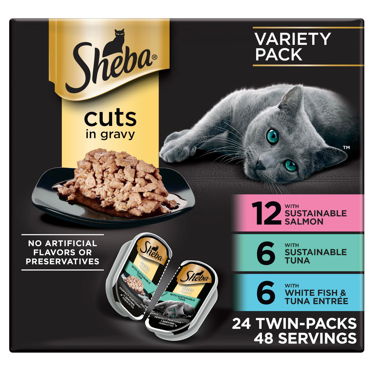 Sheba Perfect Portions sustainable salmon twin-pack tray—protein-rich meal in two servings.