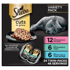 Sheba Perfect Portions sustainable salmon twin-pack tray—protein-rich meal in two servings.