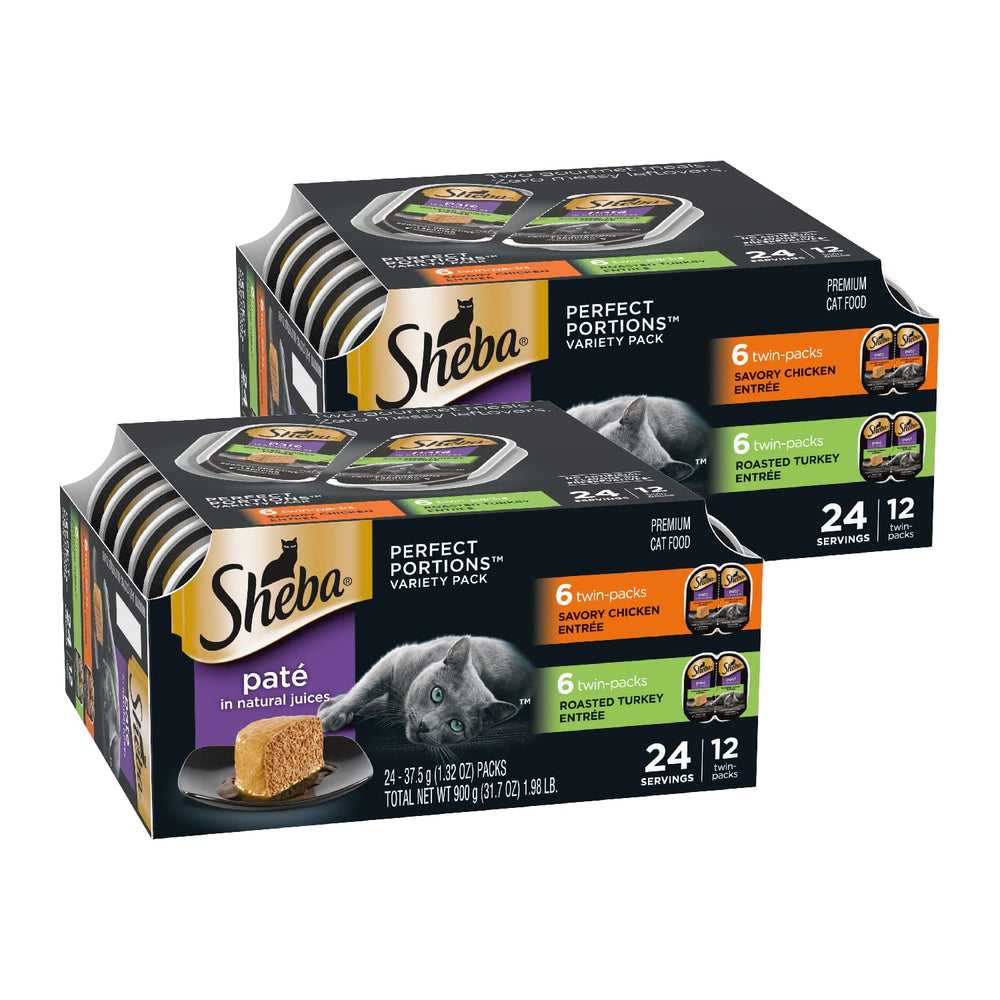 Sheba Perfect Portions Pate Chicken Entree Twin Pack trays showcase convenient protein-rich meals.