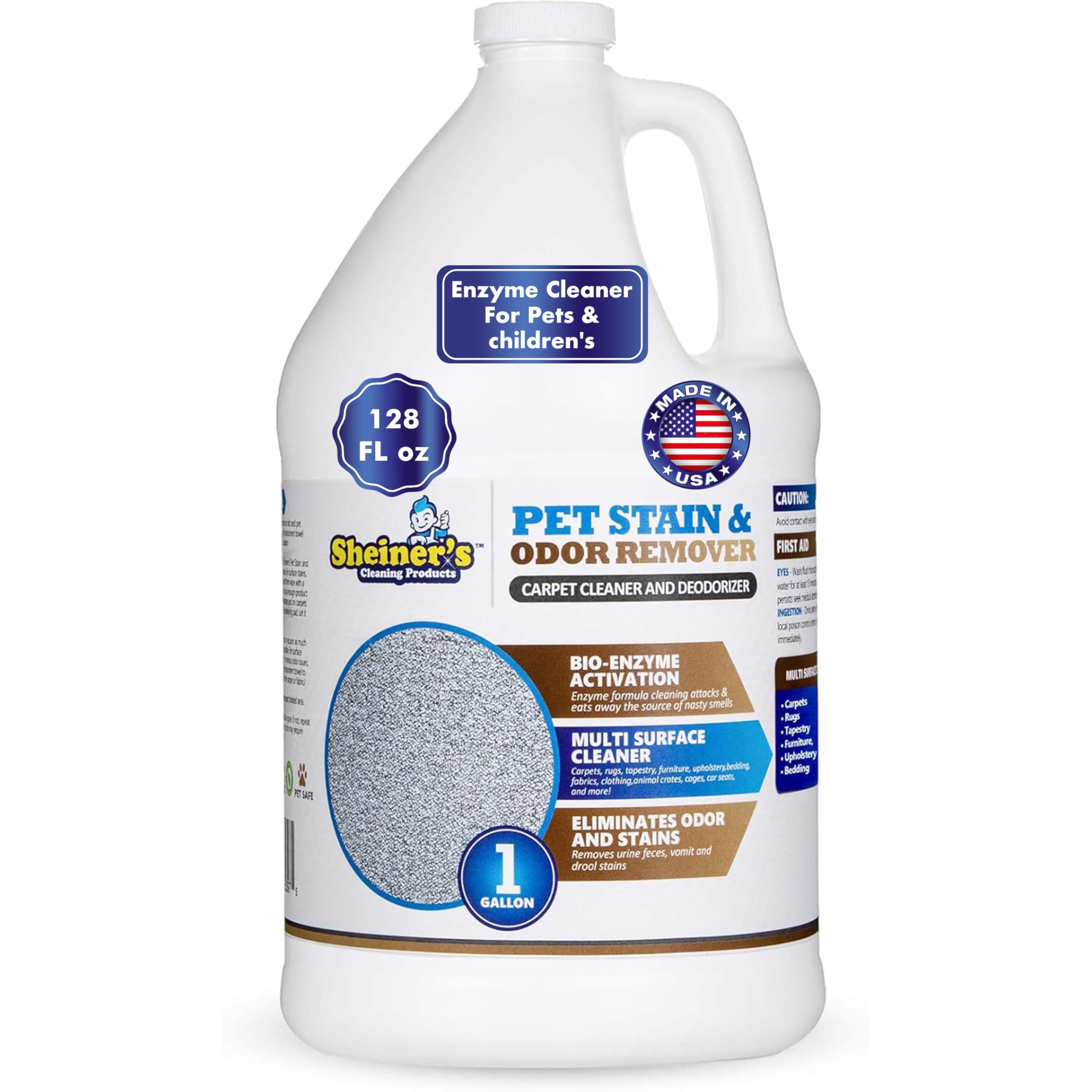 sheiner's pet-urine-cleaner bottle closeup demonstrates enzyme action for stains