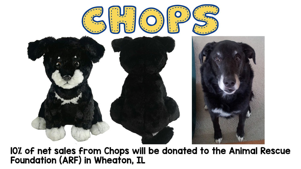 Shelter Pets Chops dog plush hangtag shows real-life adoption story.