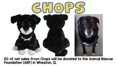Shelter Pets Chops dog plush hangtag shows real-life adoption story.