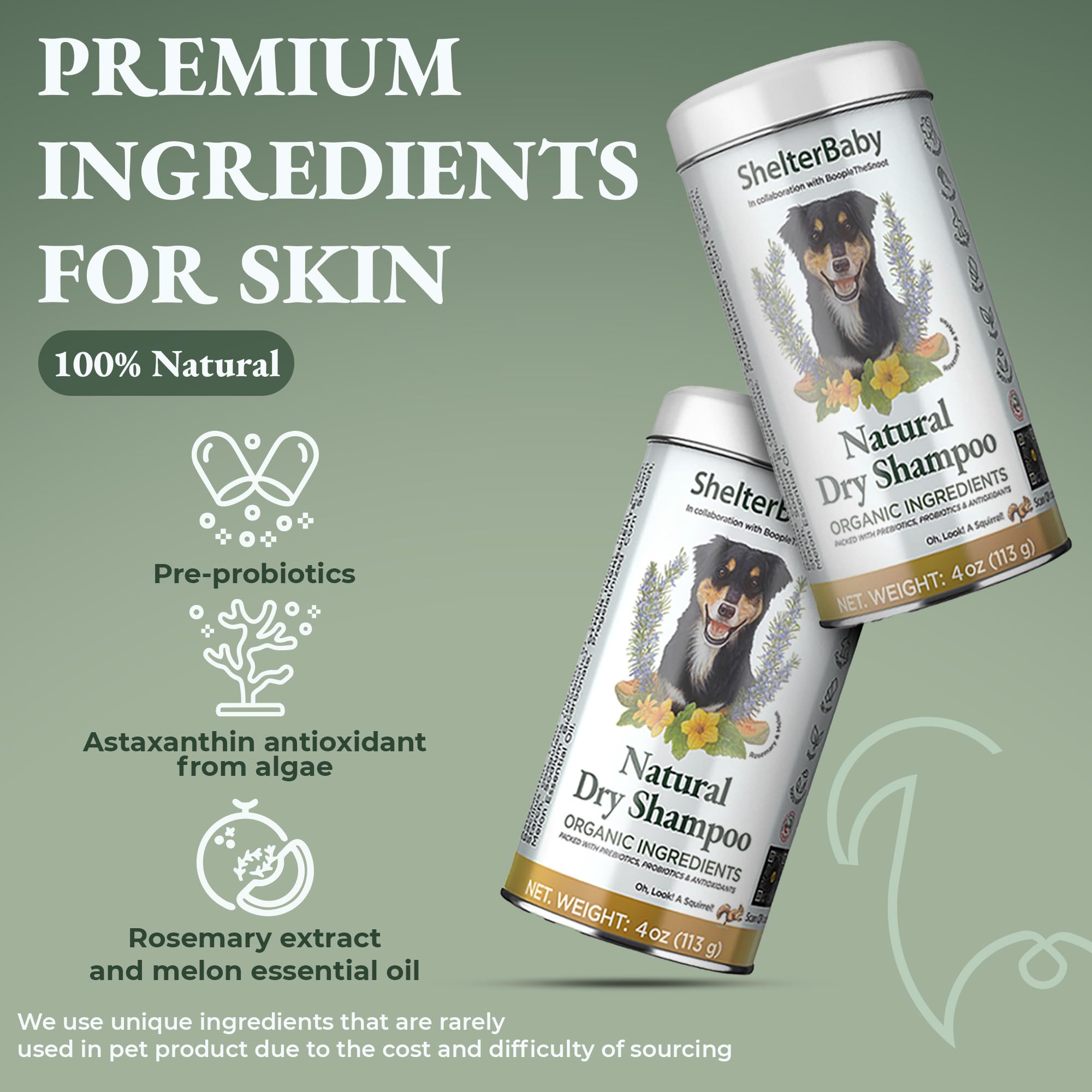 ShelterBaby natural ingredients packaging emphasizes safe, human-grade formula for sensitive skin.