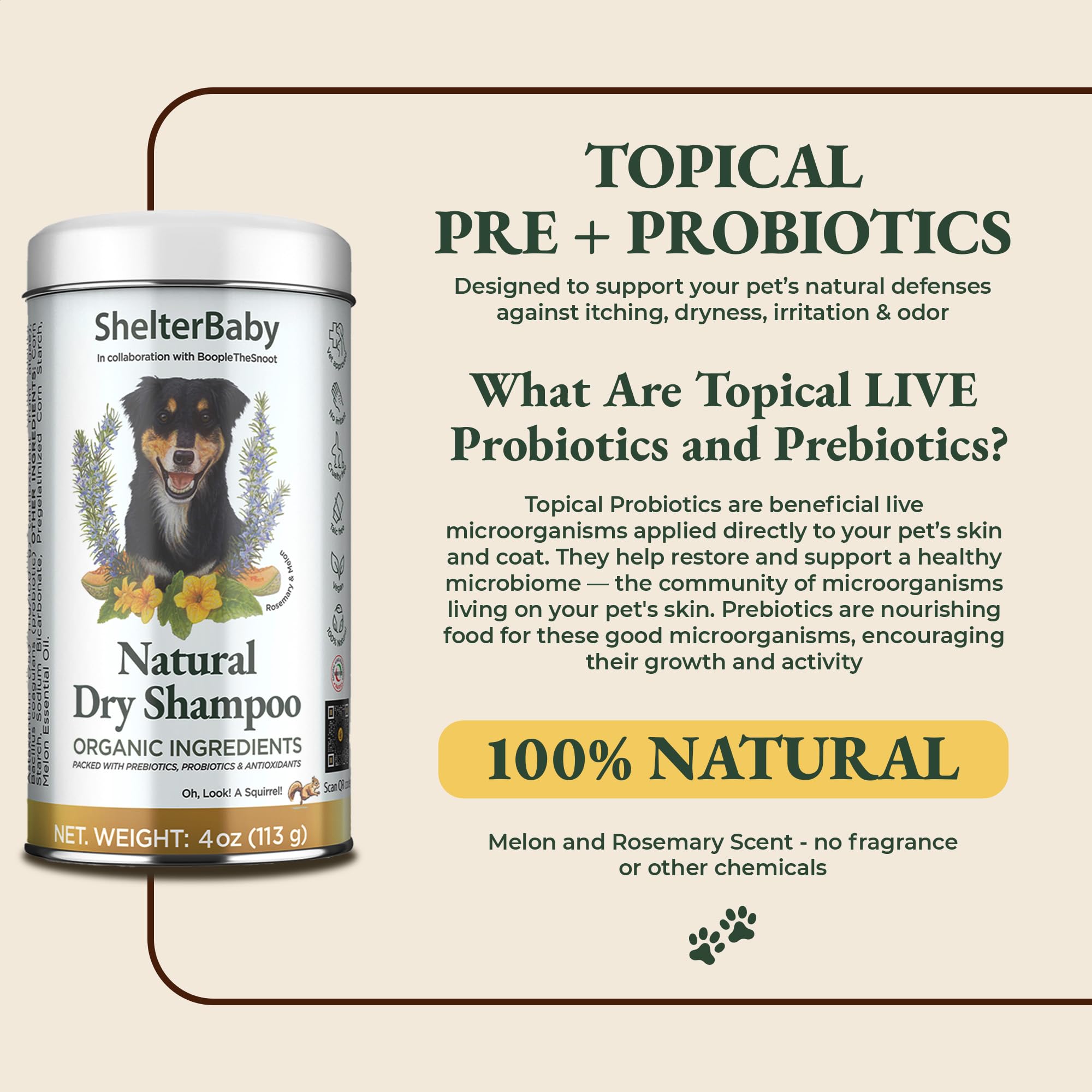 ShelterBaby puppy-friendly formula highlights gentle care for young dogs.