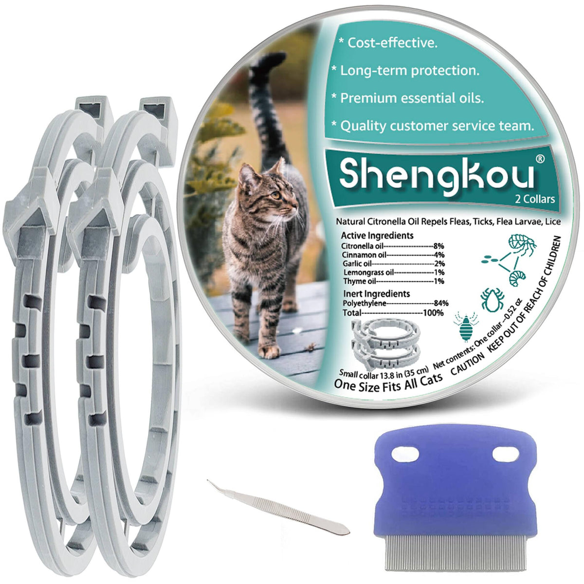 ShengKou flea collar cat adjustable-length on-neck demonstration for a snug fit and protection.