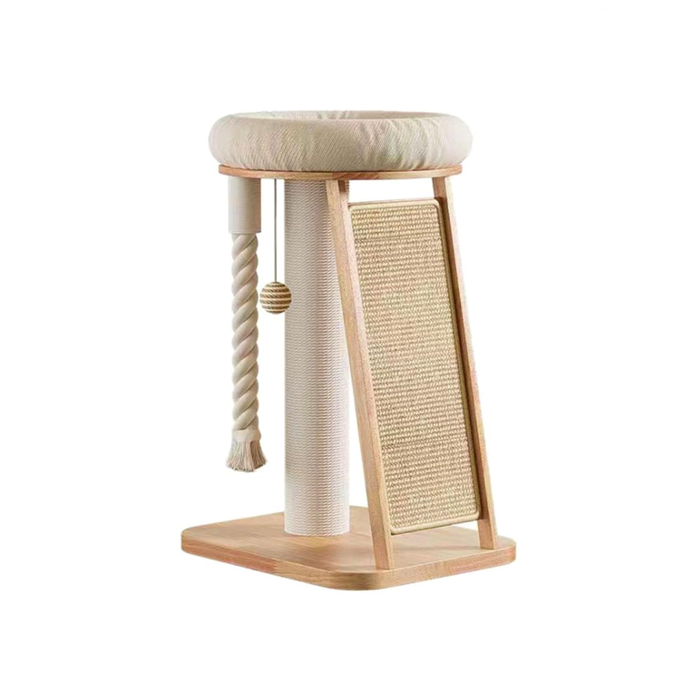 SHENGOCASE cat tree tower natural wood side view highlights sturdy, durable cat playground