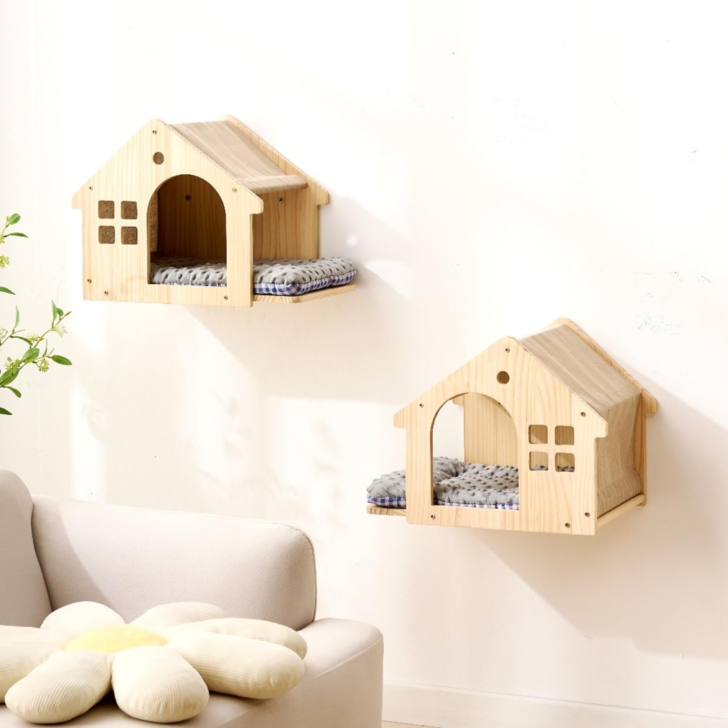 SHENGOCASE natural wood cat wall shelf left-facing perch for elevated viewing