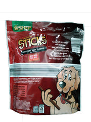 Shep Heart to Tail beef sticks closeup showing chewy texture for dogs.